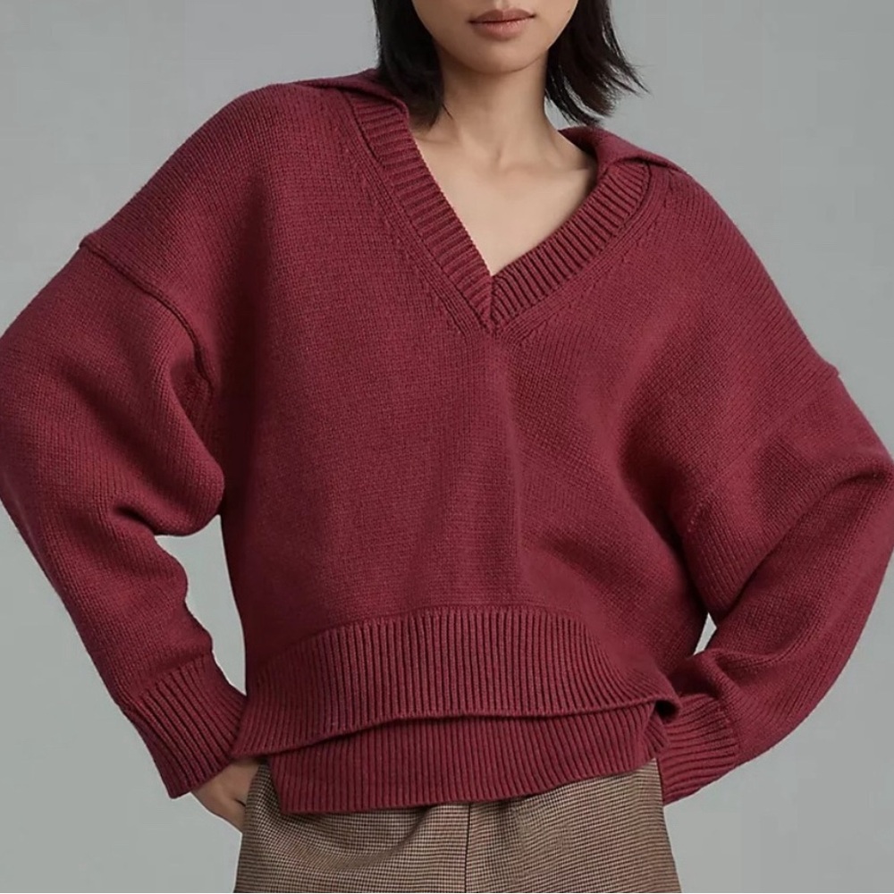 NWT XL Anthropologie Maeve Layered Polo Sweater in Plum